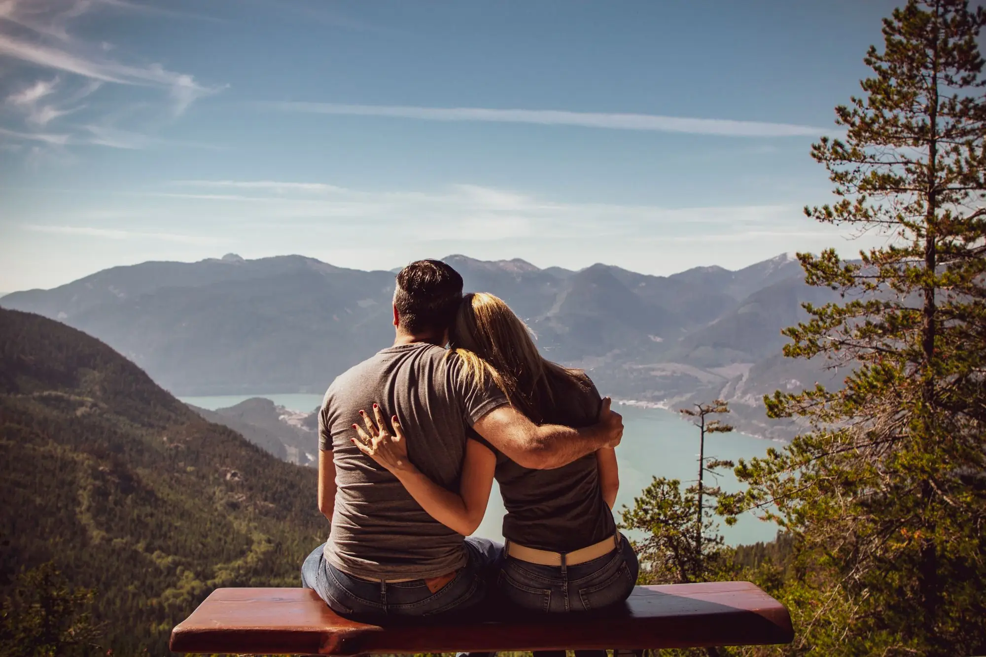 A couple on a bench looking out over a mountain lake